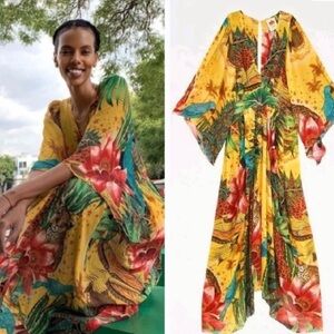 • Farm Rio • Womens Tropical Dreams Caftan Maxi Dress Yellow / Red / Blue Med